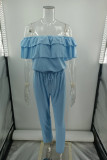 Plain Off Shoulder Ruffle Drawstring Jumpsuits