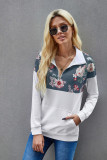 Floral Splice White Kangaroo Pocket Zip Collar Sweatshirt