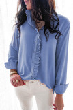 Sky Blue Solid Color Lace Frilled Trims Long Sleeve Shirt