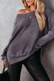 Gray Waffle Knit Side Slit Pullover Top