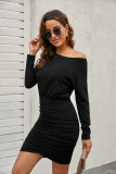 Black Crewneck Long Sleeve Shirred Split Bodycon Dress