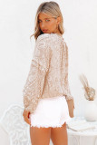 Apricot Pattern Print Drawstring Tassel Puff Sleeve Blouse