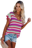 Pink Striped Ruffle Short Sleeve Knit Top