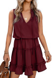 Wine Red Sleeveless V Neck Ruffled Swing Mini Dress