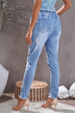 Sky Blue Drawstring Elastic Waist Hole Ripped Jeans