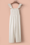 Beige Blue Flutter Sleeve Smocked Wide Leg Jumpsuit