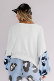 Sky Blue Leopard Splicing Waffle Knit Puff Sleeve Blouse
