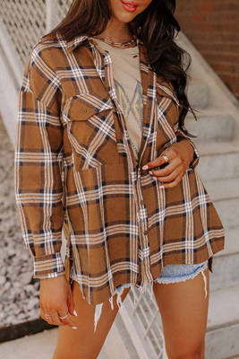 Brown Chest Pockets Side Split Plaid Shirt Jacket