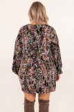 Blackish Plant Print Balloon Sleeve Curvy Dress