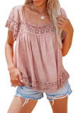 Pink Lace Pom Pom Splicing Square Neck Blouse