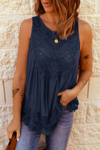 Navy Blue Lace Detail Buttons Back Sleeveless Top