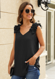 Black Solid V Neck Ruffled Shoulder Tank Top