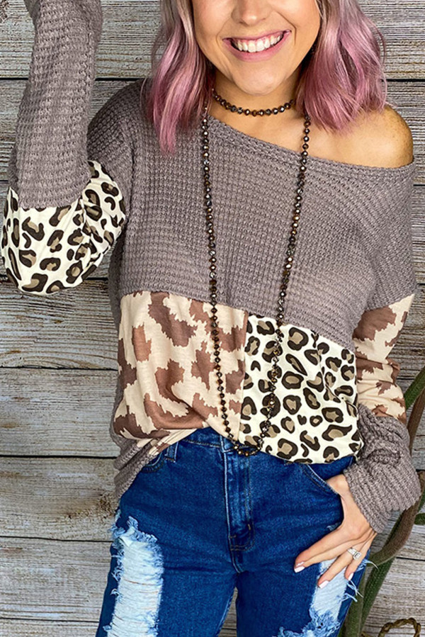 Leopard Splicing Waffle Blouse
