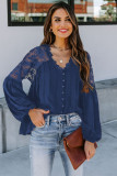 Blue V Neckline Lace Shoulder Patchwork Blouse