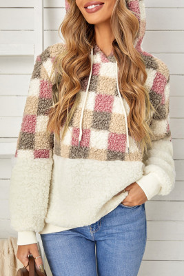 Checkerboard Pullover Fluffy Sherpa Hoodie