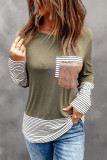 Green Stripe Pocket Sequins Splicing Long Sleeve Top