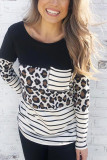 Leopard Striped Patchwork Long Sleeve Top with Pocket