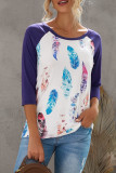 Purple Feather Print three quarter Sleeve Top