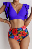 Blue Floral Ruffled Hem High Waist Bikini Set