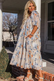 White Floral Print Puff Sleeve Square Neck Plus Size Dress