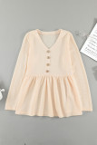 Buttoned V Neck Ruffle Waffle Long Sleeve Knit Top