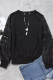 Black Lace Crochet Hollow Out Lantern Sleeve Blouse