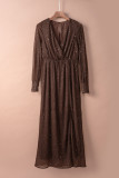 Brown Side Split Rhinestone V Neck Maxi Dress