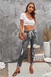 Gray Drawstring Elastic Waist Hole Ripped Jeans
