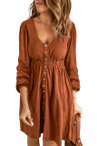 Brown Button Up High Waist Long Sleeve Dress