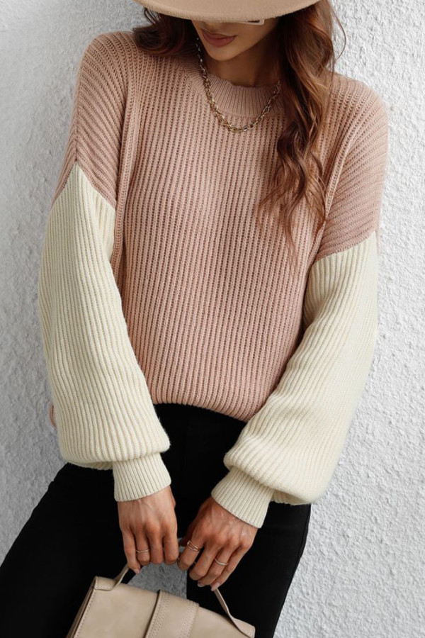 Color Block Plain Loose Pullover Sweaters