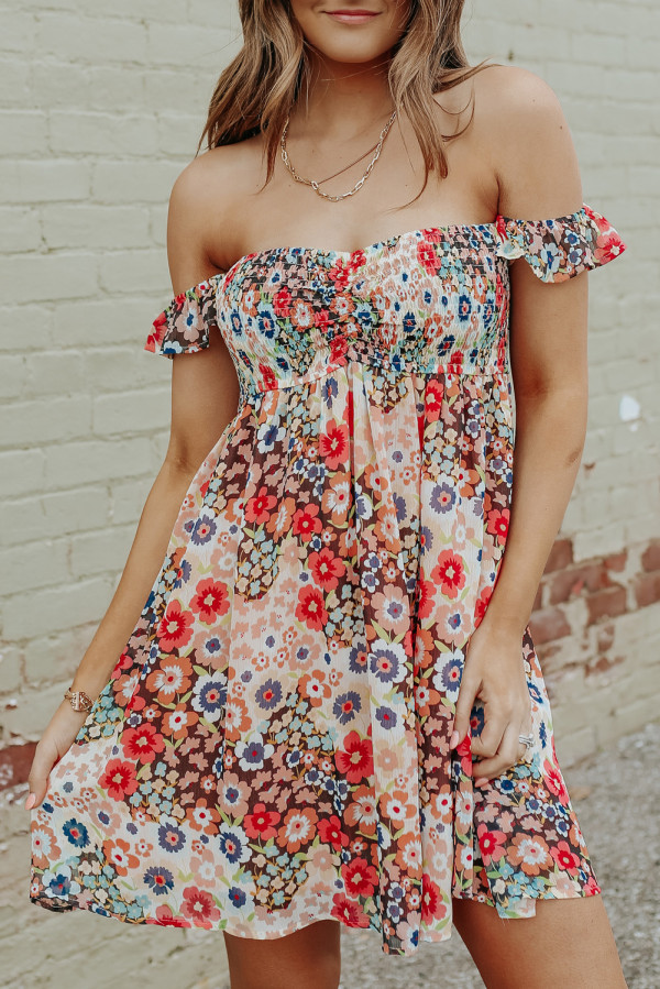 Red Off The Shoulder Floral Dress