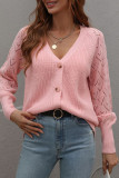 Hollow Out Sleeve Open Front Button Knit Cardigan