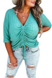 Plus Size Ruched Rib Drawstring V Neck Top