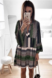 Green Geometric Print V neck Flare Half Sleeve Ruffle Swing Mini Dress