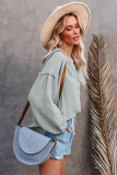 Gray Casual Balloon Sleeve Crinkled Top