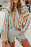 Multicolor Striped V Neck Bell Sleeve Hooded Sweater