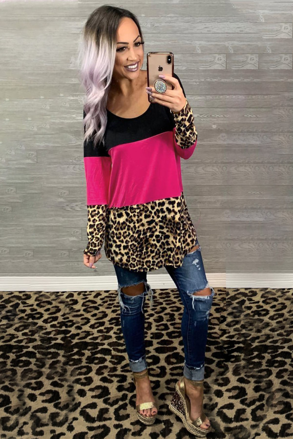 Rose Colorblock Leopard Triple Patchwork Long Sleeve Top