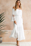 White Off Shoulder Embroidered Flared Sleeve Lace Maxi Dress