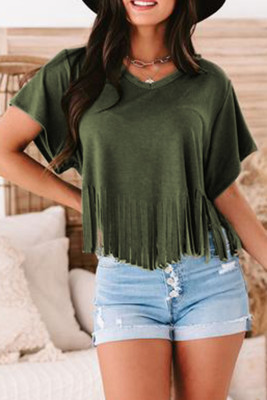 Green Fringe Hem V Neck T Shirt
