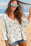 Gray Mini Starfish Embroidery Lightweight Knit Sweater