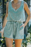 Green Vintage Washed Drawstring Waist Sleeveless Romper