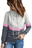 Gray Drawstring Cowl Neck Colorblock Hoodie