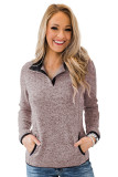 Pink Heathered Turn-down Collar Pullover Sweatshirt