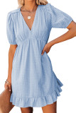 Sky Blue Checkered Pattern Puff Sleeve Babydoll Dress