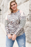 Plus Size Leopard Stripe Floral Patch Crew Neck Long Sleeve Top
