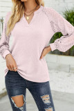Lace Crochet Sleeves V Neck Waffle Knit Top