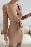 V Neck Rib Knit Splicing Crochet Lace Long Sleeves Dress
