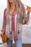 Beige Boho Printed Sheer Puff Sleeve Blouse