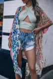 Multicolor Shawl Neckline Floral Print Kimono with Slits