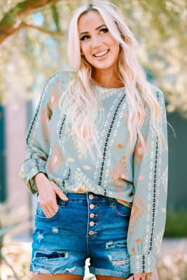 Sky Blue Geometric Aztec Print Long Sleeve Blouse